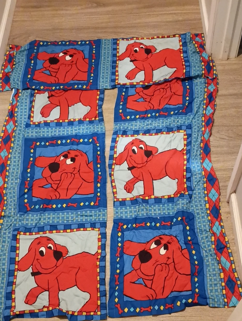 Children's Red Puppy Print Curtain Panel - Blue Background